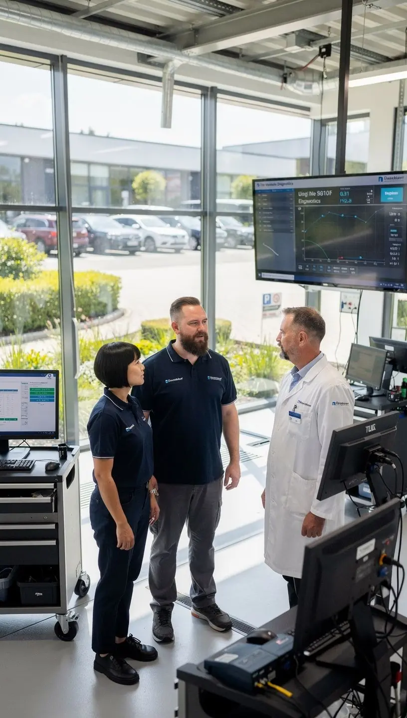 Modernes Diagnoselabor mit computergestütztem Fahrzeugprüfgerät in Aktion zur präzisen Fehlererkennung.