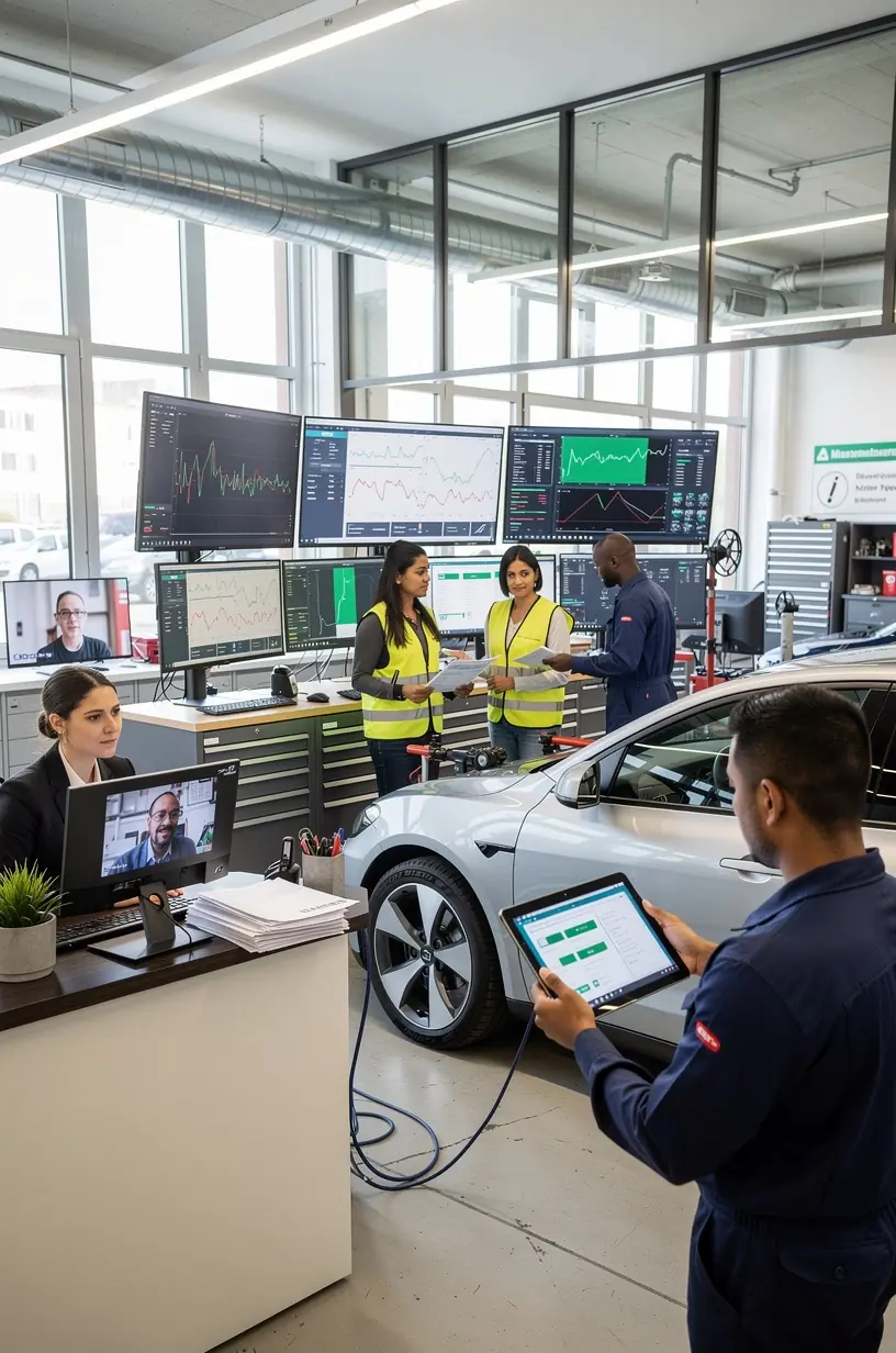 Techniker überwacht detaillierte Fahrzeugdaten auf mehreren Bildschirmen in einem fortschrittlichen Diagnostikzentrum.