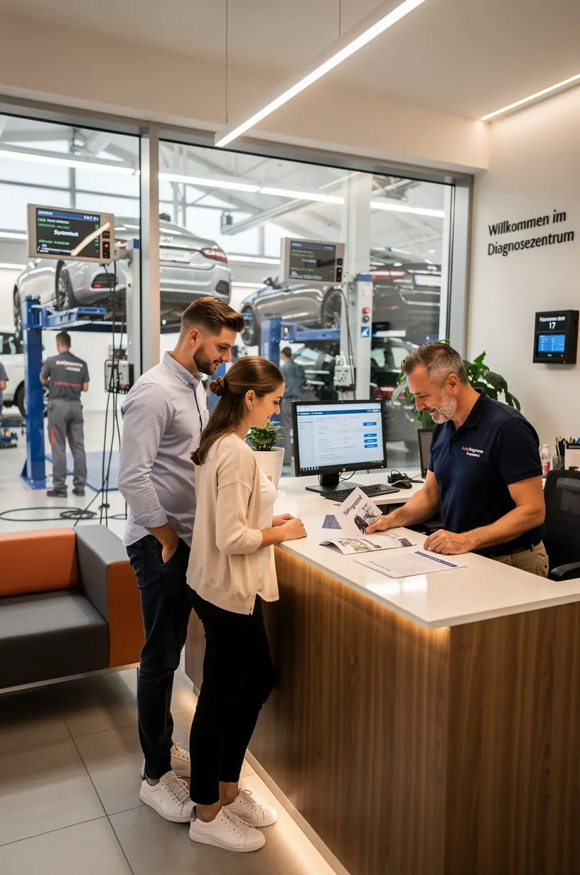 Fahrzeug wird in spezialisiertes Prüfgerät eingeführt, um umfassende elektronische Systemanalysen durchzuführen.